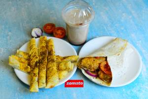 Chicken Crispy Wrap With Garlic Bread Sticks And Cold Coffee