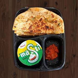 2 spicy aloo paratha with achar and dahi