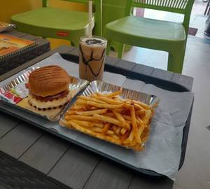 Aloo tikki burger + fries + cold coffee