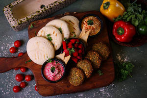 Mezze Platter: Falafel, Pita, Lavash, Hummus, Pickle & Dips