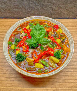 Asian Greens & Mushrooms In Spicy Thai Basil Sauce