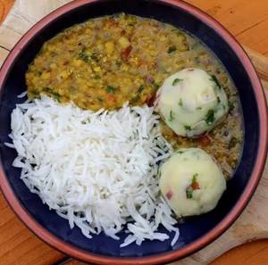 Rice+ Dal+ aloo Bhate + Boiled Egg