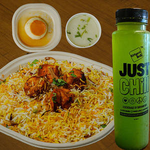 Chicken Chetinad Biryani (Mini) + Aam Panna + Caramel Custard, [serves 1]