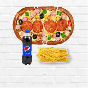 Chicken supreme pizza + Pepsi+ Fries