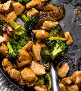 Fish In Chilli Oyster With Broccoli, Mushrooms
