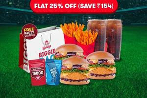 FLAT 25% Off on 3 Classic Veg Burgers + 2 Fries + 2 Beverages
