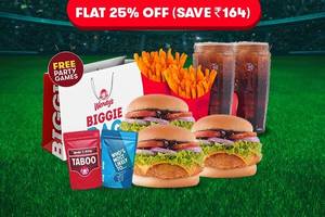 FLAT 25% Off on 3 Classic Chicken Burgers + 2 Fries + 2 Beverages