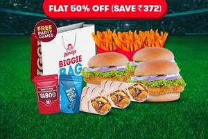 Flat 50% OFF on 3 Railway Cutlet Burgers + 3 Aloo Wraps & 3 Fries