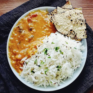 Dal And Chawal With Onion And Papad