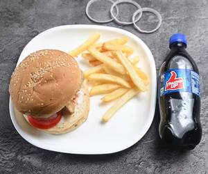 Chicken cheese burger +small fries +cold beverage reg ]