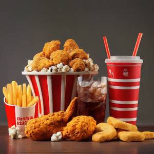 Chicken strips 4pieces + chicken popiecesorn 15pieces + 2 cold drinks