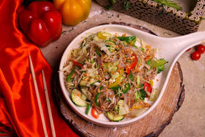Soba Noodles With Exotic Vegetables In Butter Garlic Sauce