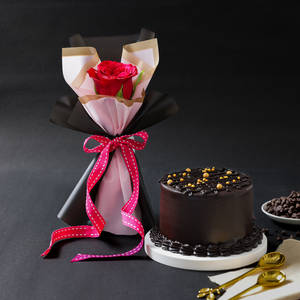 Mini Truffle Cake & Single Red Rose Bouquet