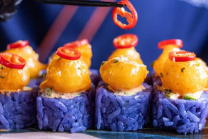 Blue Pea Rice With Tempura Prawn And Crab Roll