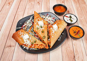 Paneer Chilli Dosa with Cheese (Served with Cocunut Chutney, Red Chutney and sambar)