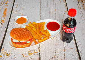 Veg. Cheese Burger with french fries and Pepsi