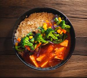 Brown Rice, Paneer Tikka With Sauteed Veggies In Indian Gravy