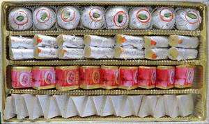 4 Line Box #8 ( Kaju Burfi + Kaju Roll + Mewa Bite + Kheer Kadam )