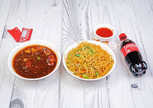 Veg Noodles Combo, Veg Noodle+ Mushroom Manchuran +sauce+soft Drink