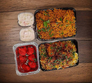 1 Chicken Biryani + 1 Chicken Ghee Pulav + Chicken Popcorn 6pcs + 2 Raita