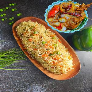 Veg Fried Rice with Chicken Jalfrezi