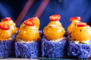 Blue Pea Rice With Tempura Prawn And Crab Roll