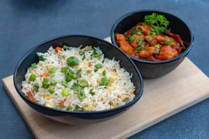 Egg fried rice with dynamite chicken