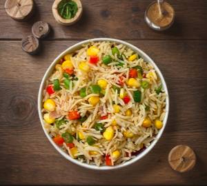 Corn veggie rice with schezwan chutney