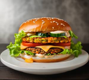 Veg Double Decker Veg Burger [Buy 1 Get 1 Free] Side With Crunchy Fries