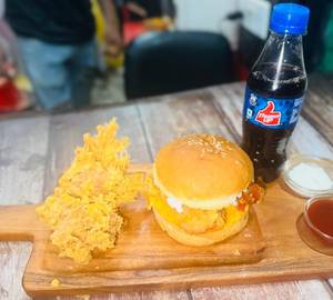 Chicken Burger With Chicken Pakora And Coke Soft Beverage