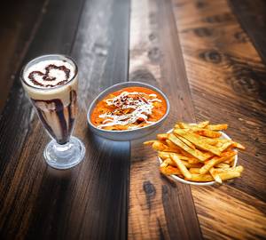 Red Sauce Pasta And French Fries And Cold Coffee