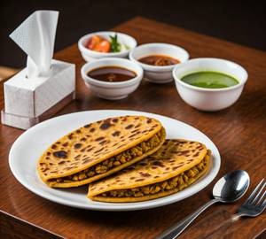 Masoor Dal Paratha (02 Pieces) - Served with Pickle, Chutney, Sauce & Salad.