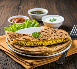 Egg Paratha (02 Pieces) Served With Chutney, Curd, Pickle & Salad.