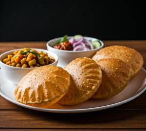 Puri Sabzi (04 Pieces) - served with Vegitable sabji, Pickle, Chutney, Curd & Salad.