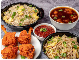 Chicken Fried Rice + Chicken Hakka Noodles + Chicken Schezwan Gravy (3pcs)+ 4pc Lollypop Fry