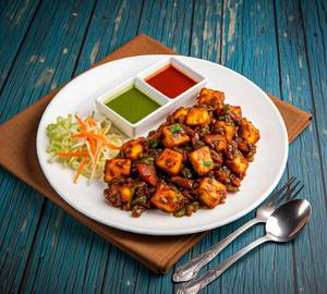 Paneer Chilli Dry (01 Plate) -  served with Pickle, Chutney & Salad.
