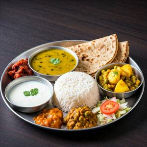 Veg Thali - 01 Bowl Rice, 02 Roti- Served with Vegetable Sabji, Daal, Curd, Pickle, Chutney & Salad.