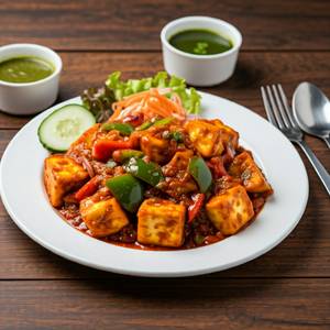 Chilli Paneer (01 Plate) -  served with Pickle, Chutney & Salad.
