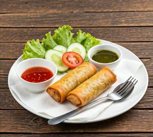Vegetable Spring Roll (02 Pieces) - served with Chutney, Sauce, & Salad.