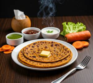 Carrot Paratha (02 Pieces) - Served with Chutney, Sauce, Curd & Salad.