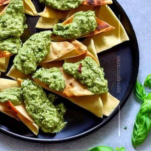 Basil Chicken Pesto Nachos