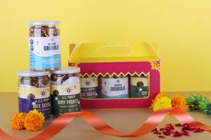Protein Power Trio Diwali Gift Box With 2 Jars Of Dates Protein Laddoos And 1 Jar Of Jaggery Granola
