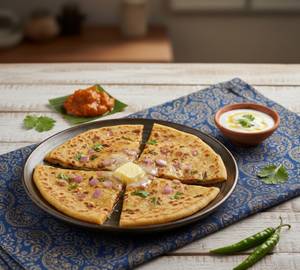 1 desi ghee pyaaz paratha with 1 butter