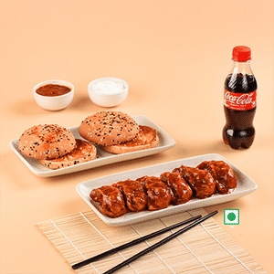 Veg Pan Fried Momo In Sweet Chilly Sauce 6P+Bun Toast 2P+ 1 Coke 250ML