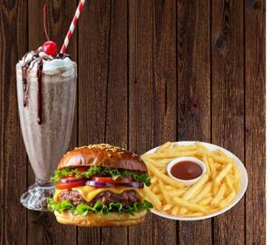 Chicken Burger Meal ( Chicken Cheese Burger, Fries And Chocolate Milkshake)