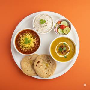 Sev Bhaji + Tawa Roti + Dal Tadka + Steamed Rice + Salad