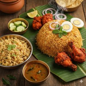 Chicken 65 biryani+rasam rice