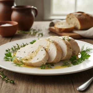Poached chicken.