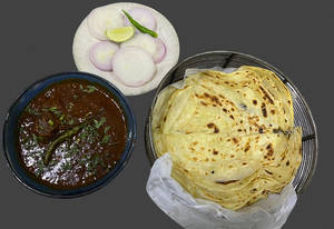 Railway Mutton Curry With Malabari Paratha And Onion Salad