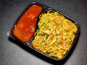 Chili Garlic Chicken Noodles With Chicken Manchurian Gravy